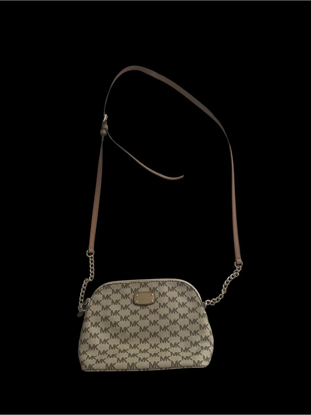 Michael Kors Beige/Brown Signature Logo Crossbody with Leather Trim